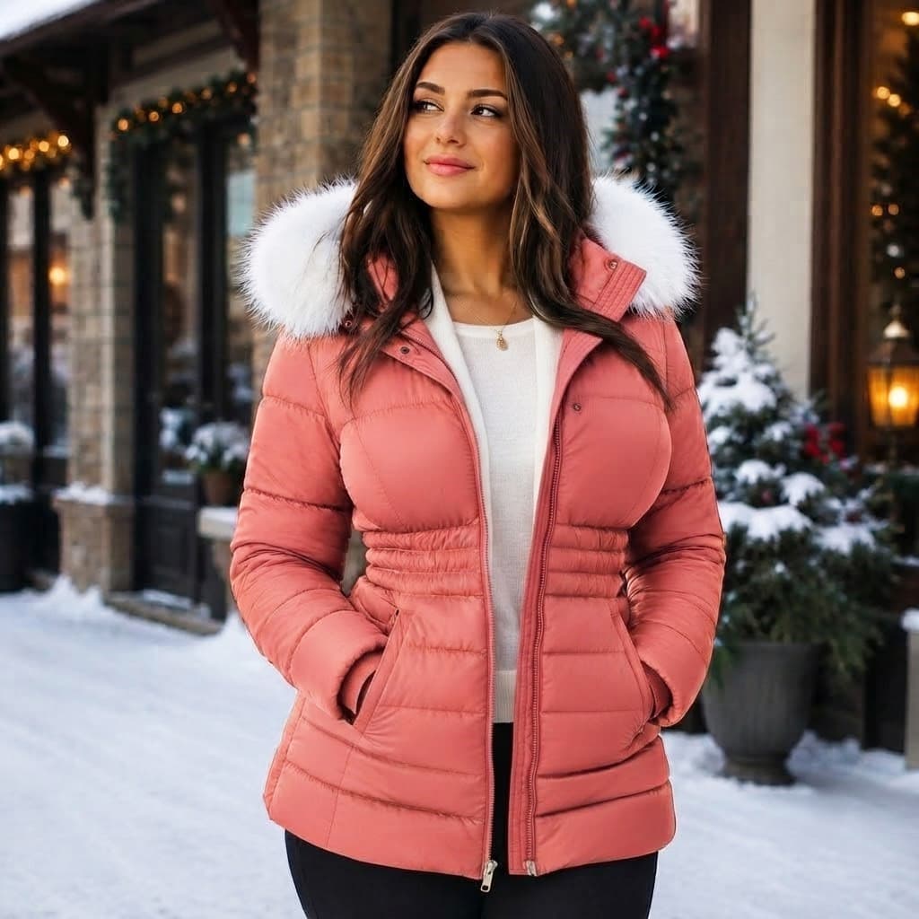 Polyester Jacket with Animal Fur Collar Hood for Women
