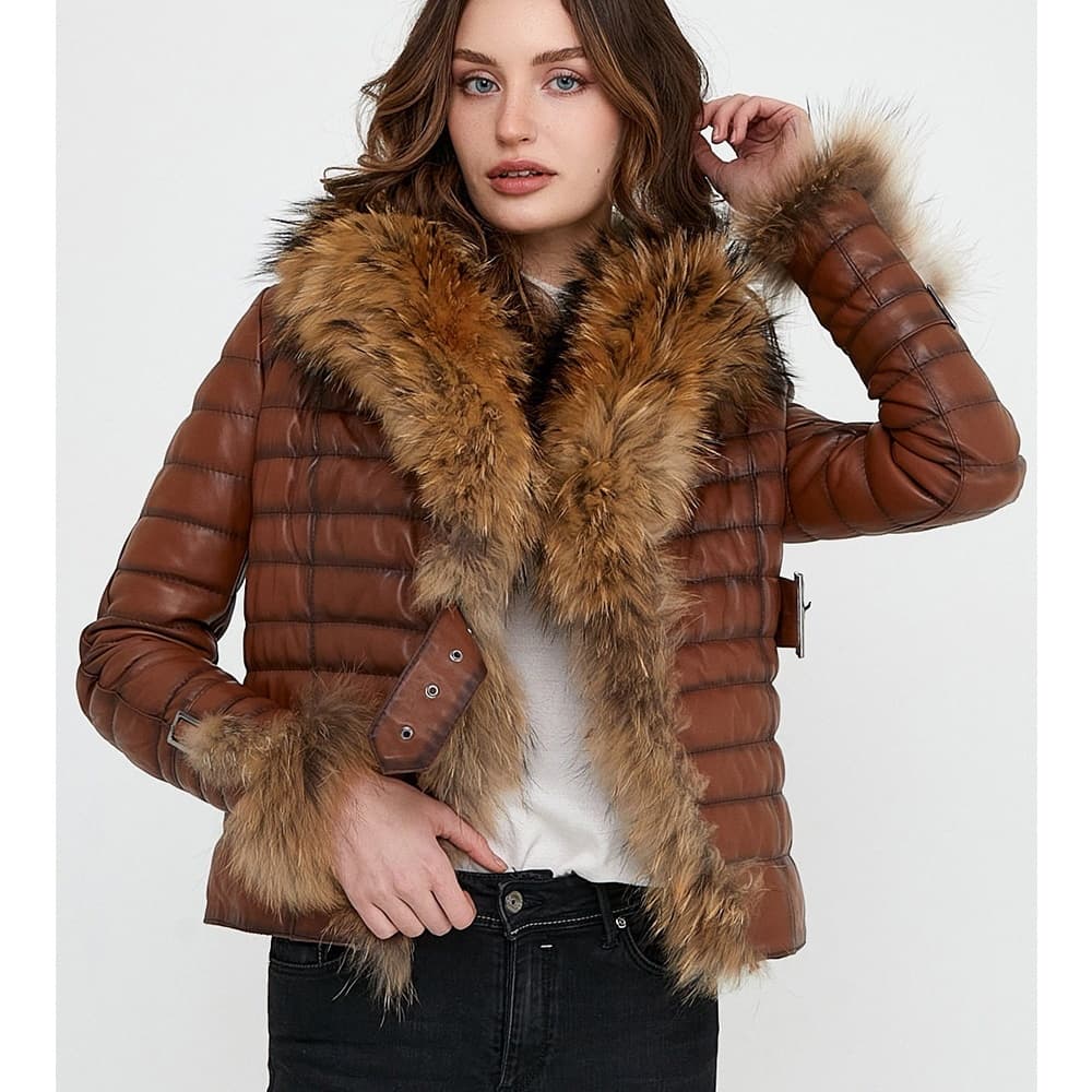 Women's Quilted Sheepskin Leather Jacket with Fur